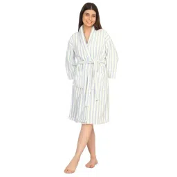 Creeva White & Light Blue Cotton Classic Bathrobe (Medium)-picture-11