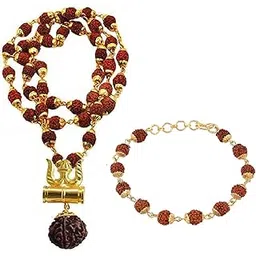 cresha Gold Plated Lord Shiv Trishul Damru Panchmukhi Rudraksh Mala with Rudraksh Bracelet and Om Design Kada Designer Spiritual Jewelry for Men | Women | Boys | Girls-picture-52