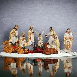Crib Set | Nativity Set Baby Jesus Statue Mother Mary Idol and Joseph Statue Crib Set Perfect for Christmas Decoration Kudil Set of 15 Pic Ivory and White Color 6 Inch-picture-19