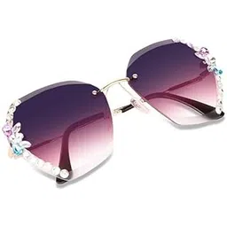 Crimsen Clay Women's Rimless Crystal Embellished Sunglasses, Purple Gradient Lens, Gold Frame-picture-32