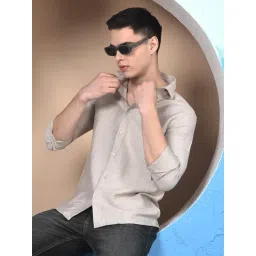 Crimsoune Club Beige Viscose Slim Fit Self Design Shirt-picture-31