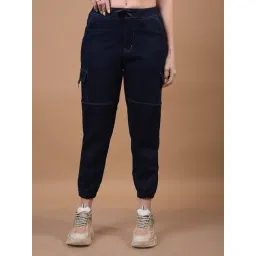 Crimsoune Club Blue Cotton Solid Cargo Jeans-picture-42