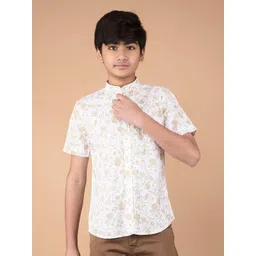 Crimsoune Club Boys Classic Slim Fit Band Collar Floral Printed Cotton Casual Shirt-picture-35