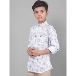 Crimsoune Club Boys Floral Printed Band Collar Roll Up Sleeves Straight Kurta-picture-28