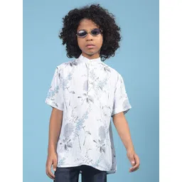 Crimsoune Club Boys Floral Printed Linen Band Collar Linen Short Kurta-picture-32