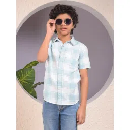 Crimsoune Club Boys Green Cotton Slim Fit Chequered Shirt-picture-34