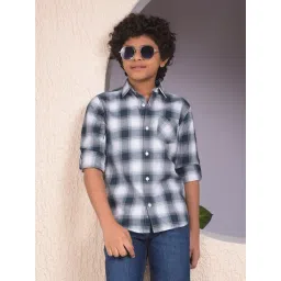 Crimsoune Club Boys Green Cotton Slim Fit Chequered Shirt-picture-38