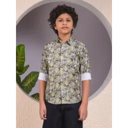 Crimsoune Club Boys Green Cotton Slim Fit Floral Print Shirt-picture-36