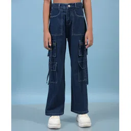 CRIMSOUNE CLUB Cotton Woven Solid Cargo Jeans - Blue-picture-12