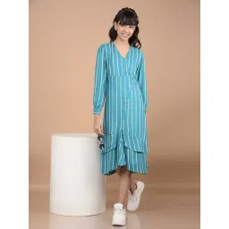 Crimsoune Club Girls Green Striped Full Sleeves Dress-picture-17