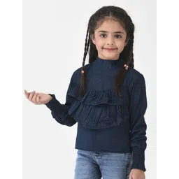 Crimsoune Club Girls Navy Blue & Olive Green Floral Print Pure Cotton Ruffles Top-picture-24