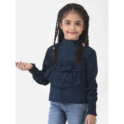 Crimsoune Club Girls Navy Blue & Olive Green Floral Print Pure Cotton Ruffles Top-picture-23