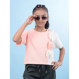 Crimsoune Club Girls Peach Polyester Color Block T-Shirt-picture-20
