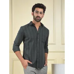 Crimsoune Club Green Cotton Slim Fit Striped Shirt image 1