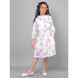 Crimsoune Club Kids White & Purple Floral Print Dress-picture-21