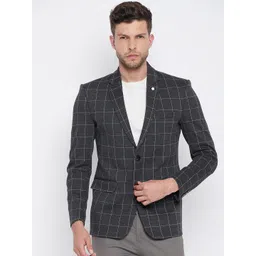 Crimsoune Club Men Grey & White Checked Single-Breasted Slim-Fit Formal Blazer-picture-13