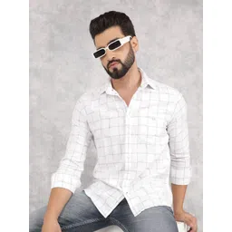 Crimsoune Club Men Smart Spread Collar Windowpane Checked Cotton Slim Fit Casual Shirt-picture-42