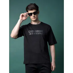 Crimsoune Club Men's Black Typographic Print Pure Cotton Oversized T-Shirt-picture-13