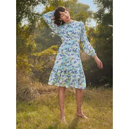 Crimsoune Club Women Blue & White Floral Midi Dress-picture-42