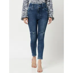 Crimsoune Club Women Blue Skinny Fit High-Rise Slash Knee Light Fade Stretchable Jeans-picture-18