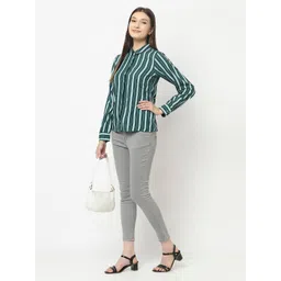 Crimsoune Club Women Green Slim Fit Striped Casual Shirt-picture-20
