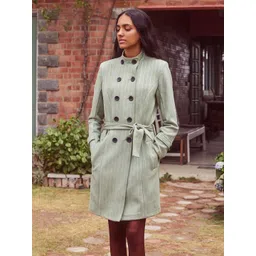 Crimsoune Club Women Green Striped Double-Breasted Trench Coat-picture-33