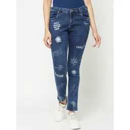 Crimsoune Club Women Navy Blue Skinny Fit Heavy Fade Printed Stretchable Jeans-picture-36