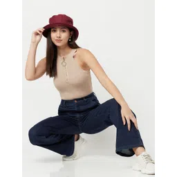 Crimsoune Club Women Navy Blue Solid Cotton Straight Fit Jeans-picture-13