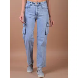 Crimsoune Club Women Pure Cotton Wide Leg Mid-Rise Light Fade Stretchable Cargo Jeans-picture-30