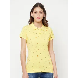 Crimsoune Club Women Yellow Floral Printed Polo Collar Slim Fit T-shirt-picture-29