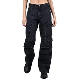 crimsoune club Women's Black 100% Cotton Baggy Cargo Jeans-picture-15
