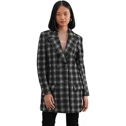crimsoune club Women's Black Checked Notched-Lapel Double-Breasted Coat-picture-22