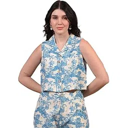 crimsoune club Women's Blue Floral Print Linen Sleeveless Cropped Waist-Coat-picture-22