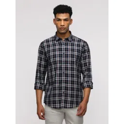 Crocodile Navy Blue Cotton Checked Regular Fit Shirt-picture-14