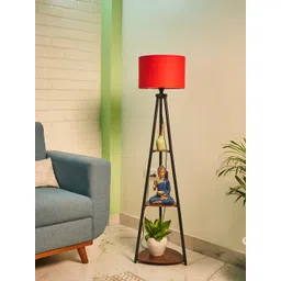 Crosscut Red & Black Metal Cylinder Shaped Floor Lamp With Shelves-picture-38
