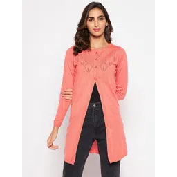 Crozo By Cantabil Women Coral Self Design Acrylic Longline Cardigan-picture-19