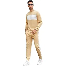 CUBIQ Men's Lycra Cotton Beige and White Colourblock Tracksuit Co-ord Set, T-Shirt and Trousers (IN, Alpha, M, Regular, BEIGE)-picture-53
