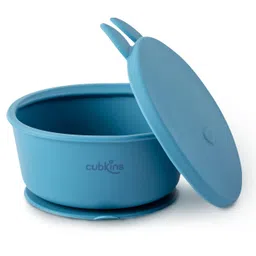 CUBKINS Baby Feeding Silicone Bowl for Kids, Babies and Toddler | Anti-Slip, Reusable Silicone Suction Bowl, Microwave & Dishwasher Safe with Lid (Blue Olive) image 1