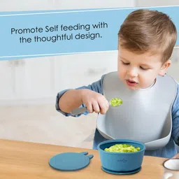 CUBKINS Baby Feeding Silicone Bowl for Kids, Babies and Toddler | Anti-Slip, Reusable Silicone Suction Bowl, Microwave & Dishwasher Safe with Lid (Blue Olive) image 2
