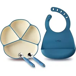 Cubkins Silicone Suction Plate, Bib and Stainless Steel Spoon and Fork Set of 4 for Baby Feeding | BPA Free, Washable and Reusable Feeding Set for Babies & Toddler (Blue Olive)-picture-15
