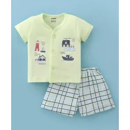 Cucumber Cotton Half Sleeves Night Suit With Beach Print - Light Neon Green-picture-26