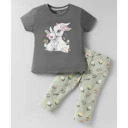 CUCUMBER Cotton Knit Half Sleeves Night Suit With Animal Print - Grey-picture-19