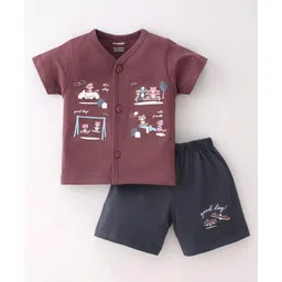 CUCUMBER Cotton Knit Half Sleeves Night Suit With Animals Print - Brown-picture-16