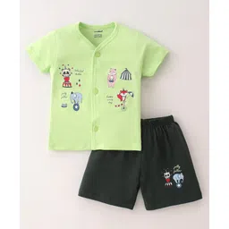 CUCUMBER Cotton Knit Half Sleeves Night Suit With Animals Print - Green-picture-18
