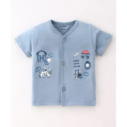 CUCUMBER Cotton Knit Half Sleeves Night Suit With Cow & Tractor Print - Blue image 2