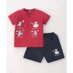 CUCUMBER Cotton Knit Half Sleeves Night Suit With Teddy Print - Red & Black-picture-14