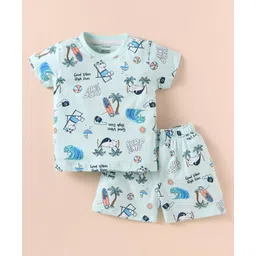 CUCUMBER Cotton Knit Half Sleeves Shorts Night Suit With Animals On Beach Print - Light Blue-picture-21