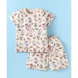 CUCUMBER Cotton Knit Half Sleeves Shorts Night Suit With Dino Print - Baby Pink-picture-22