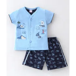 Cucumber Cotton Sinker Knit Half Sleeves Night Suit Beach Print - Blue-picture-31