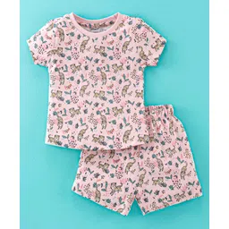 Cucumber Cotton Sinker Knit Half Sleeves Night Suit Cheetah Print -Pink-picture-34